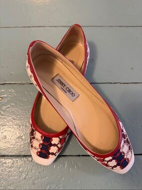 Jimmy Choo Red, White & Navy Patterned Ballet Flats size 39.5
